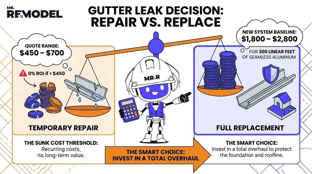 A 2026 gutter budgeting infographic illustrating the 25% Rule, showing when a $450 repair fee makes a full replacement the better investment.